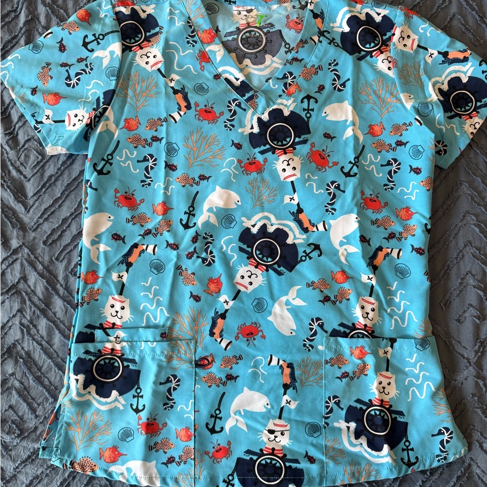 Blue Nautical Print Scrub Top